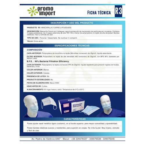 Mascarilla 3 capas No-médica B.F.E. 90%