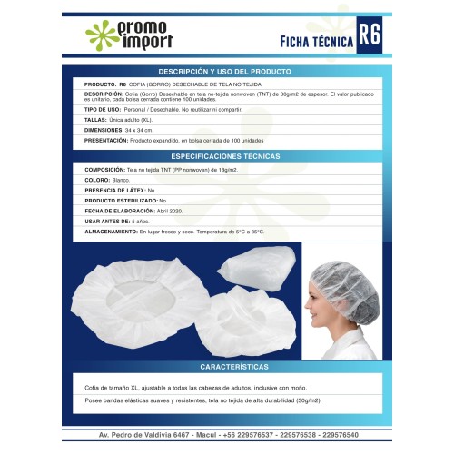Cofia (Gorro) Desechable 30g/m2